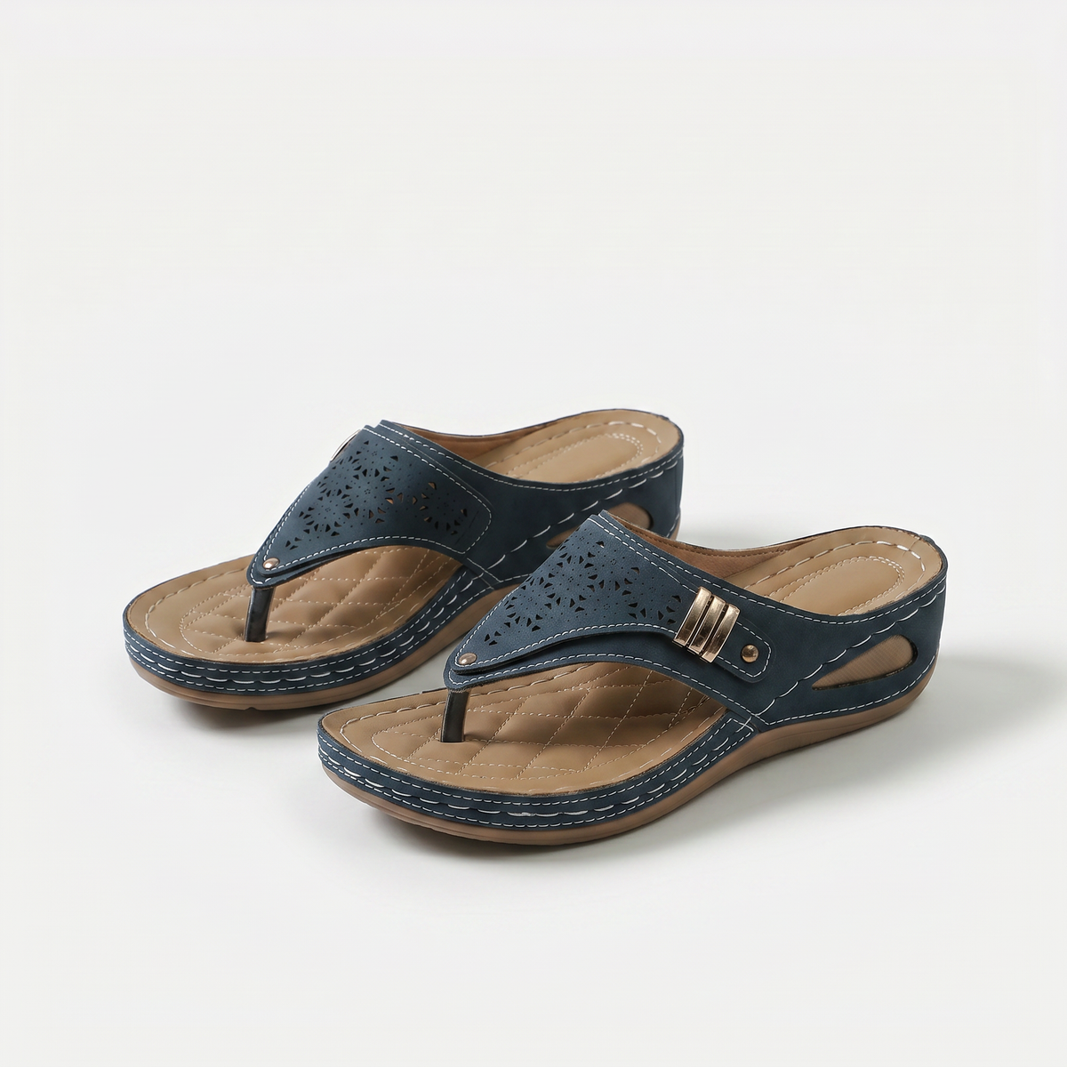 Sabina – Navy Blue Orthopaedic Toe-Post Wedge Slides