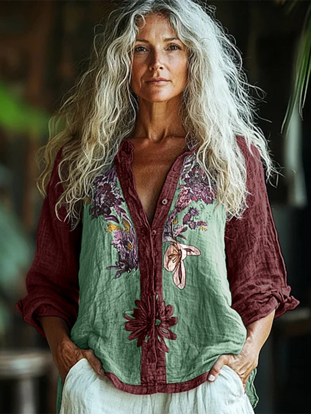 Primula – Mint & Burgundy Boho Floral Panel Button-Down Shirt
