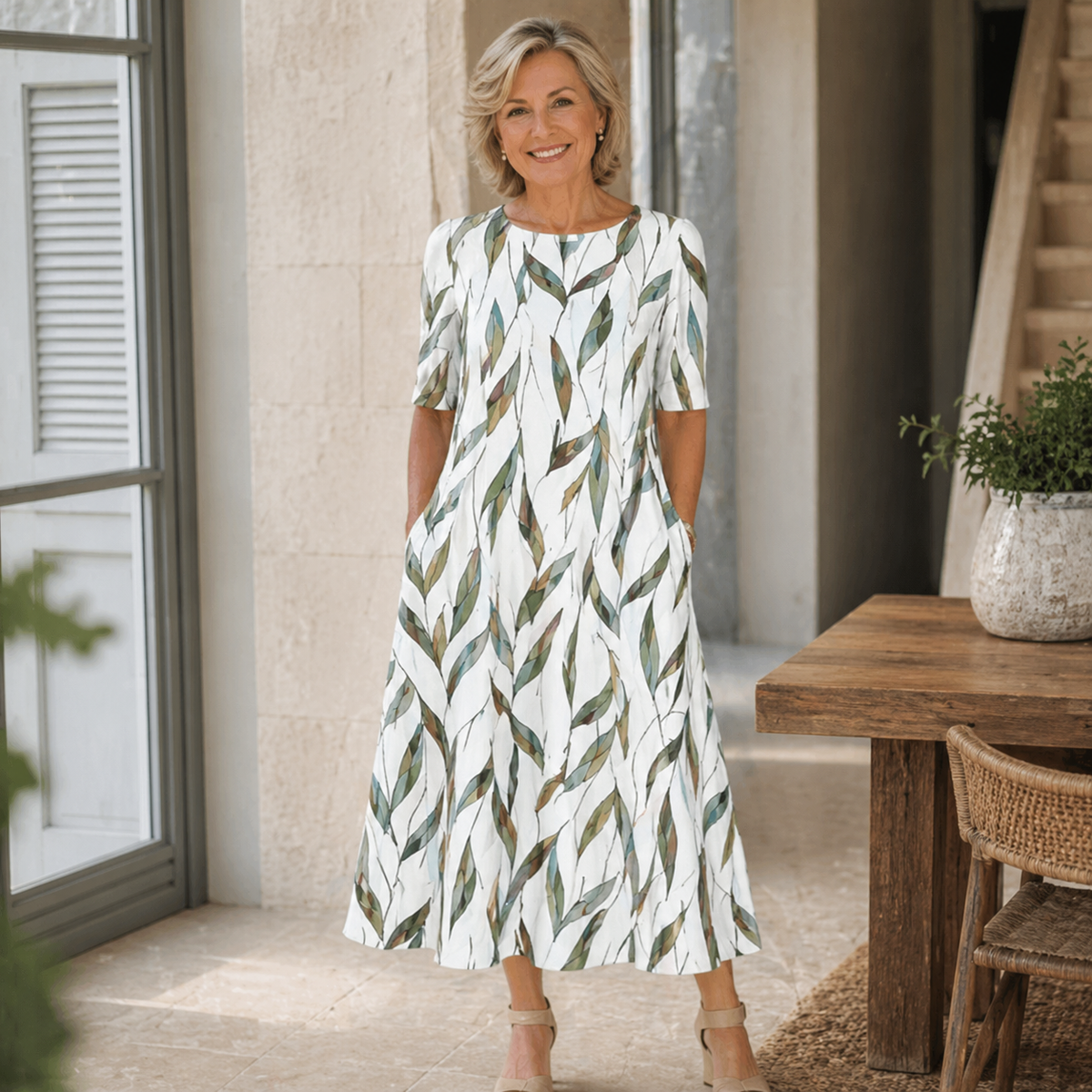 Benedetta – White & Green Women's Floral Print Short-Sleeve Midi Dress