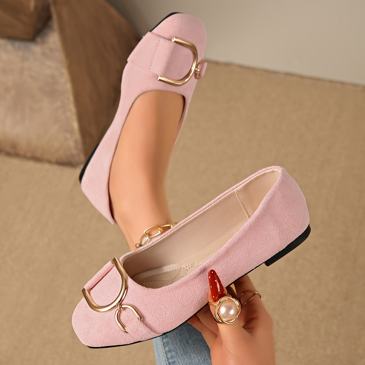 Inez Square-Toe Buckle Ballet Flats – Pink