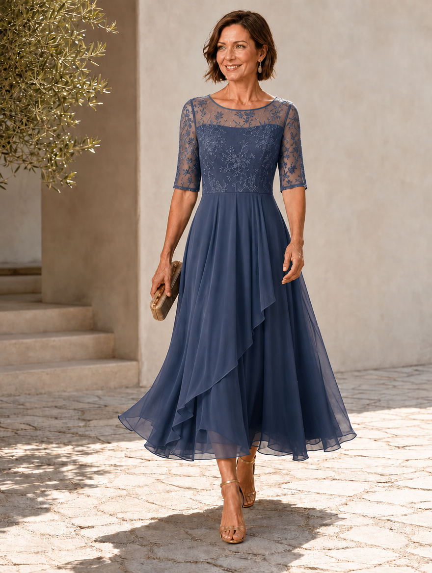 Germaine Lace and Chiffon Tea-Length Dress