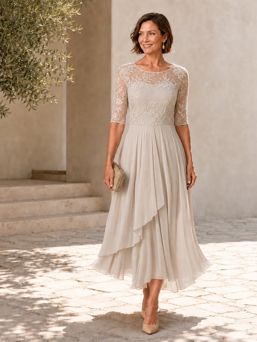 Germaine Lace and Chiffon Tea-Length Dress