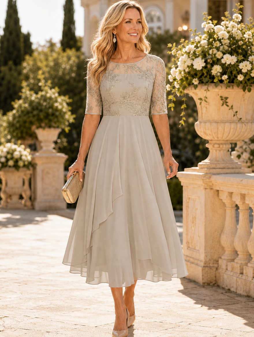 Germaine Lace and Chiffon Tea-Length Dress
