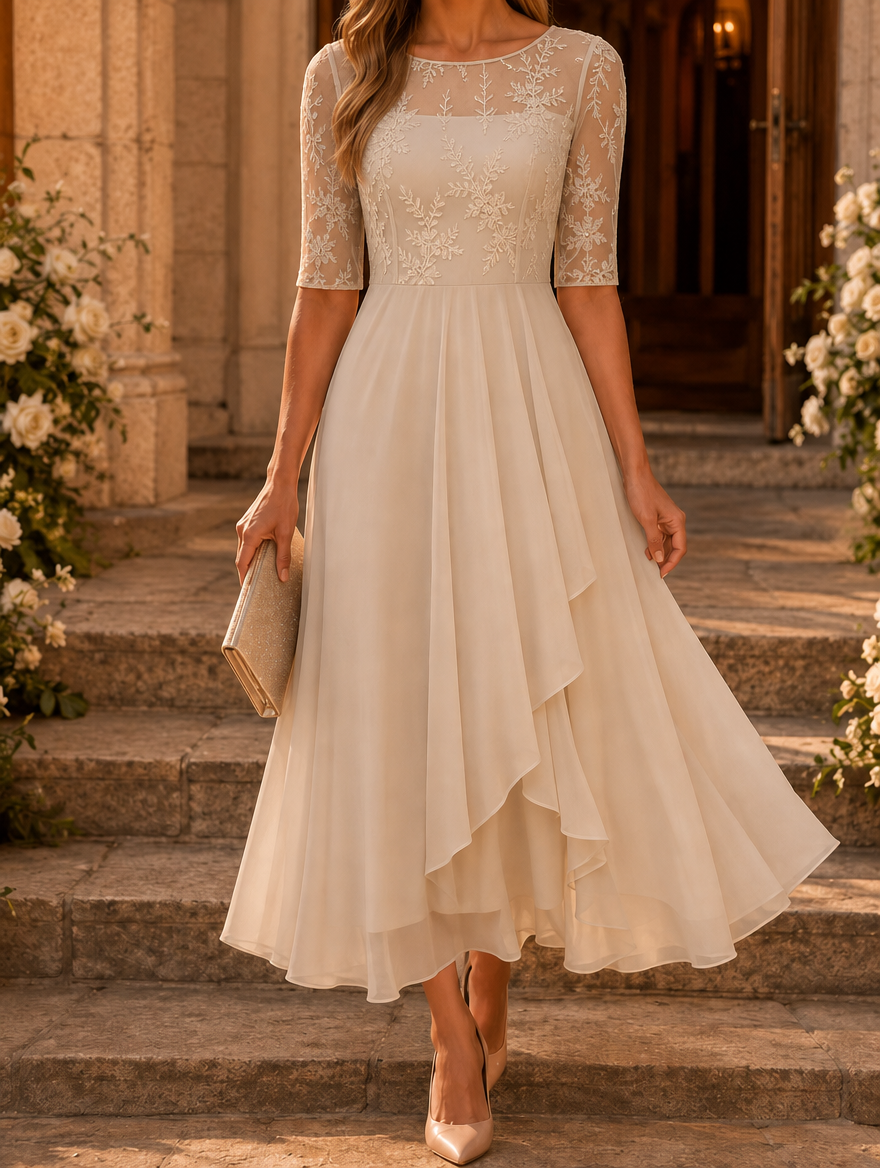 Germaine Lace and Chiffon Tea-Length Dress