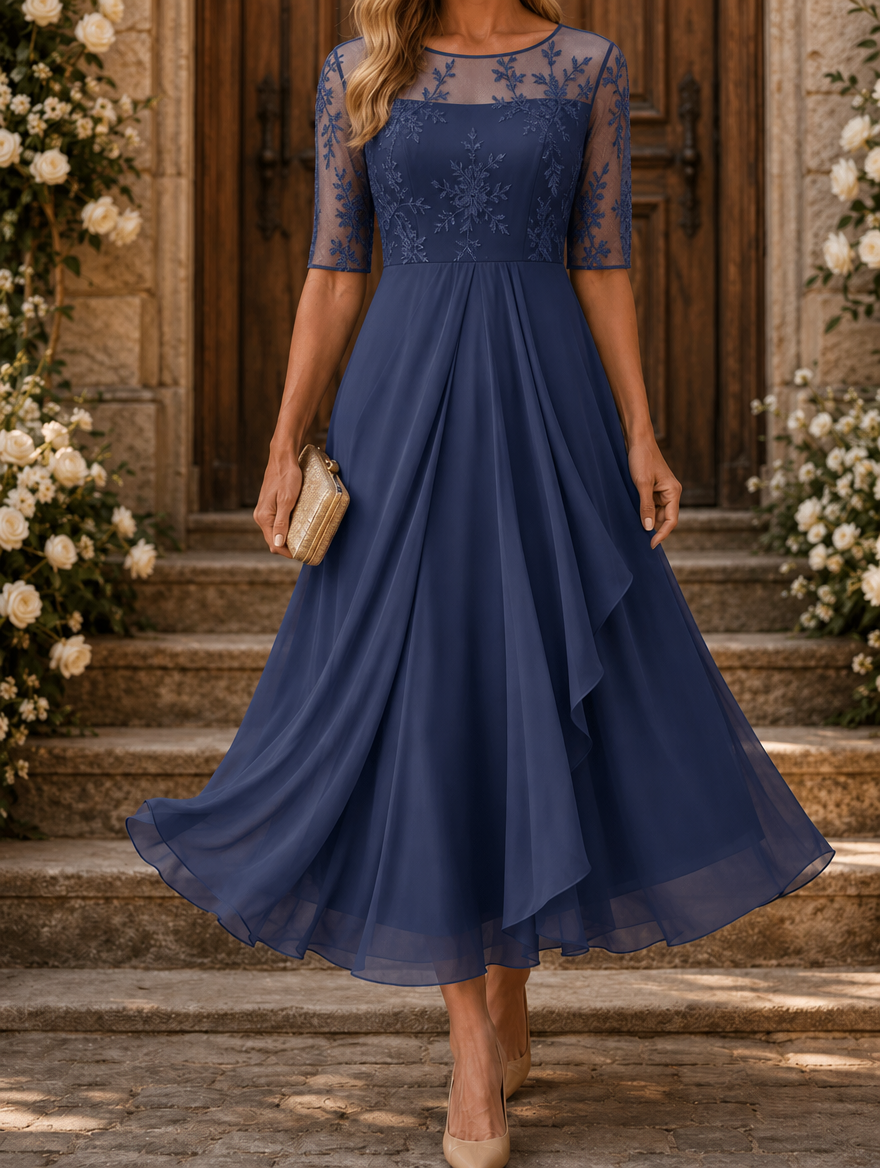 Germaine Lace and Chiffon Tea-Length Dress