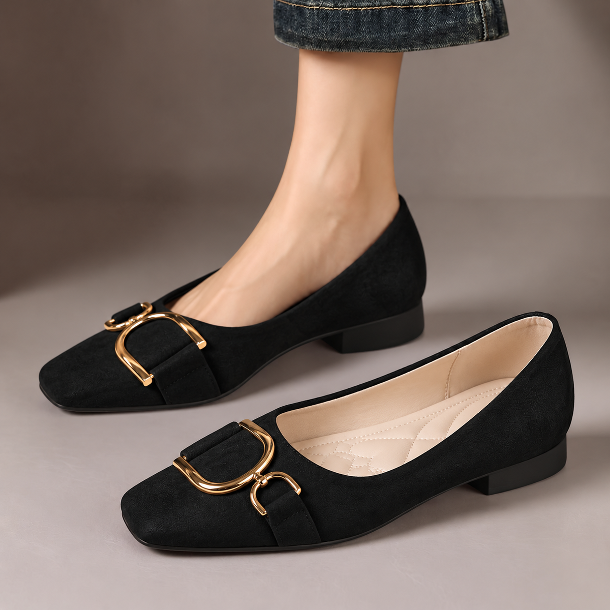 Inez Square-Toe Buckle Ballet Flats