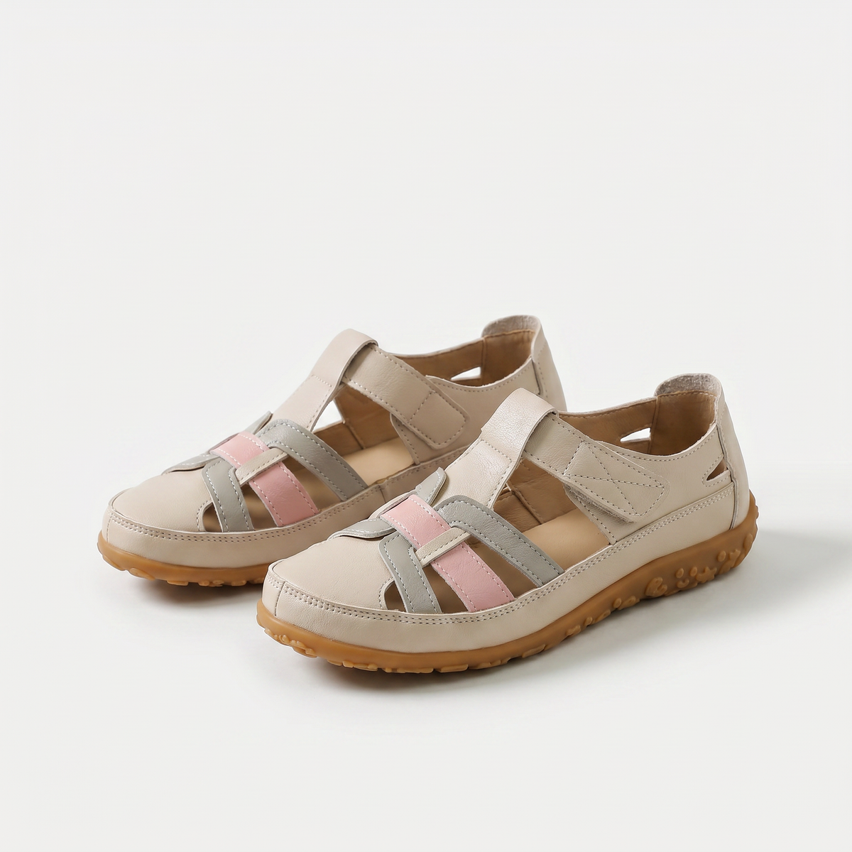 Phyllis – Beige & Pink Orthopaedic Woven Strap Comfort Sandals