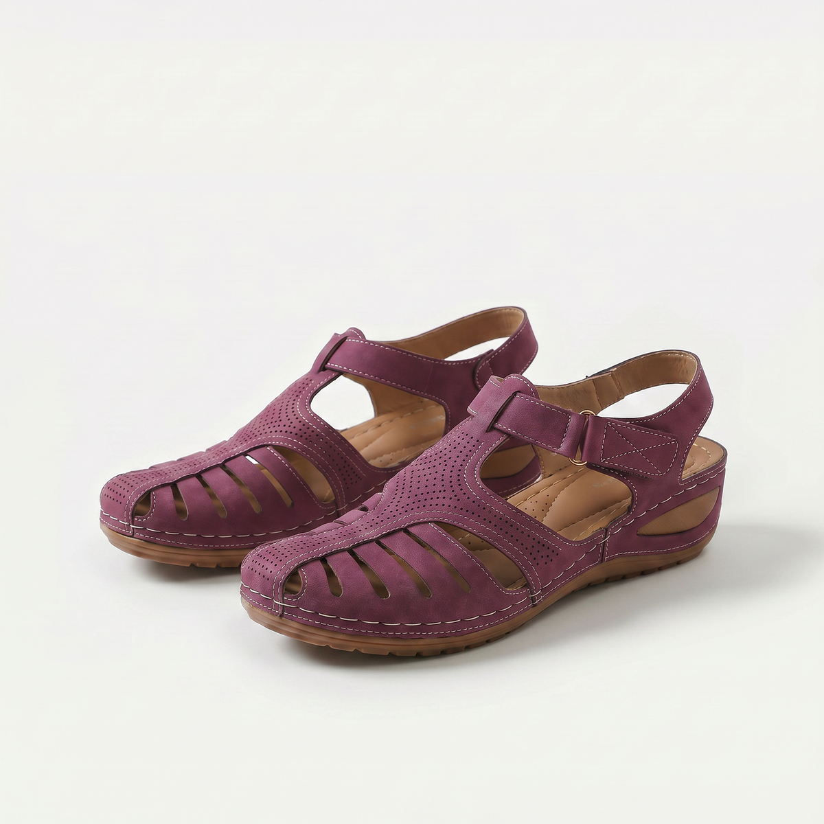 Sharon – Plum Orthopaedic Closed-Toe Cut-Out Wedge Sandals
