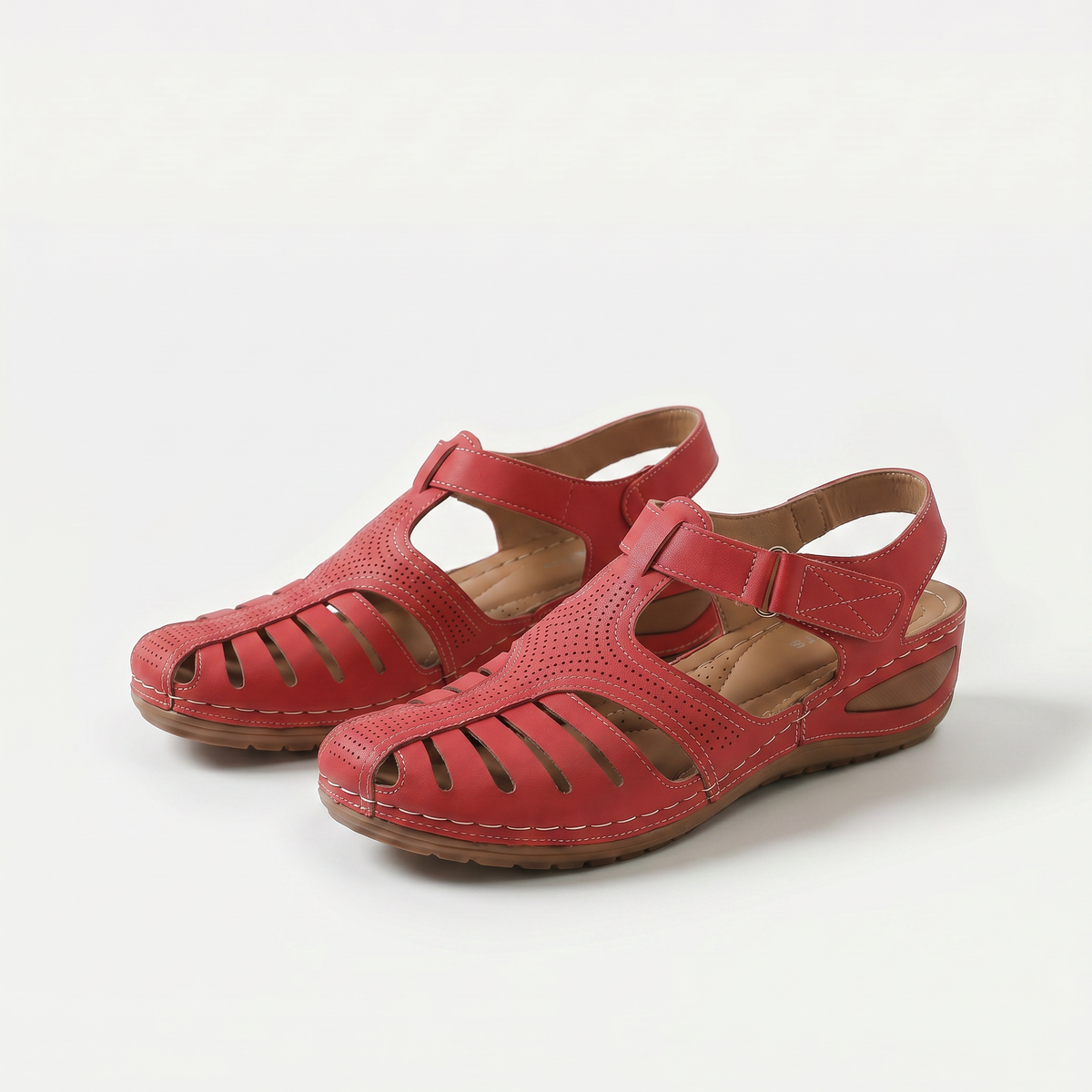 Sharon – Red Orthopaedic Closed-Toe Cut-Out Wedge Sandals