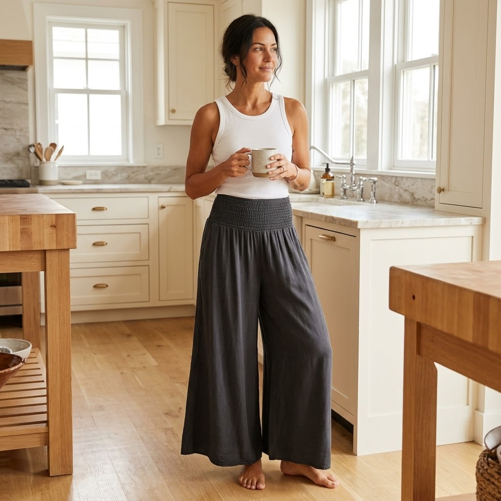 Dagny trousers in Charcoal Black worn at home