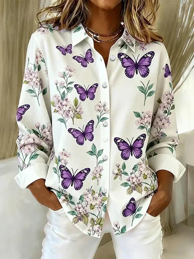 Dahlia Womens Butterfly Print Button Shirt in White