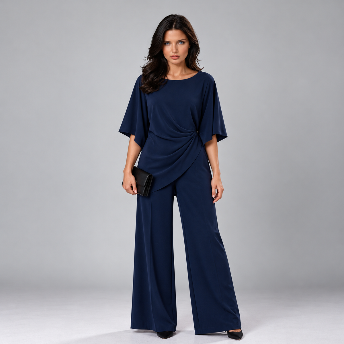 Lucretia draped wide-leg set in Navy Blue