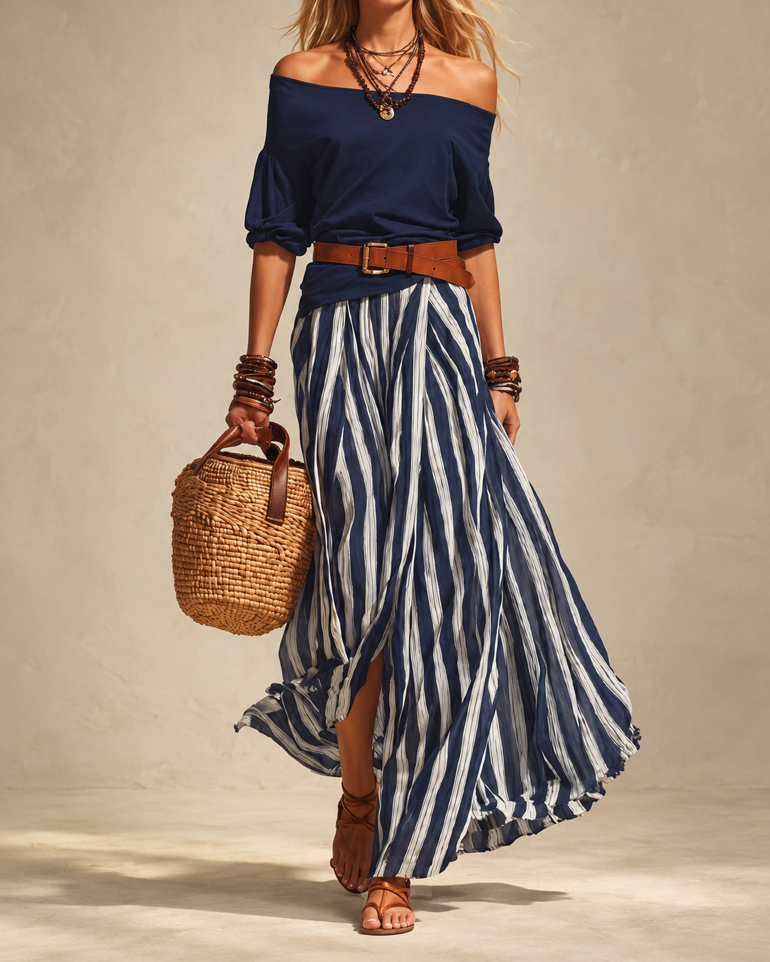 MADISON | Striped Maxi Skirt Set with Off-Shoulder Top