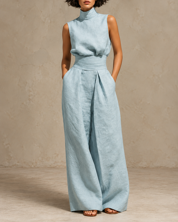 Women's minimalist set with sleeveless blouse and wide-leg pants