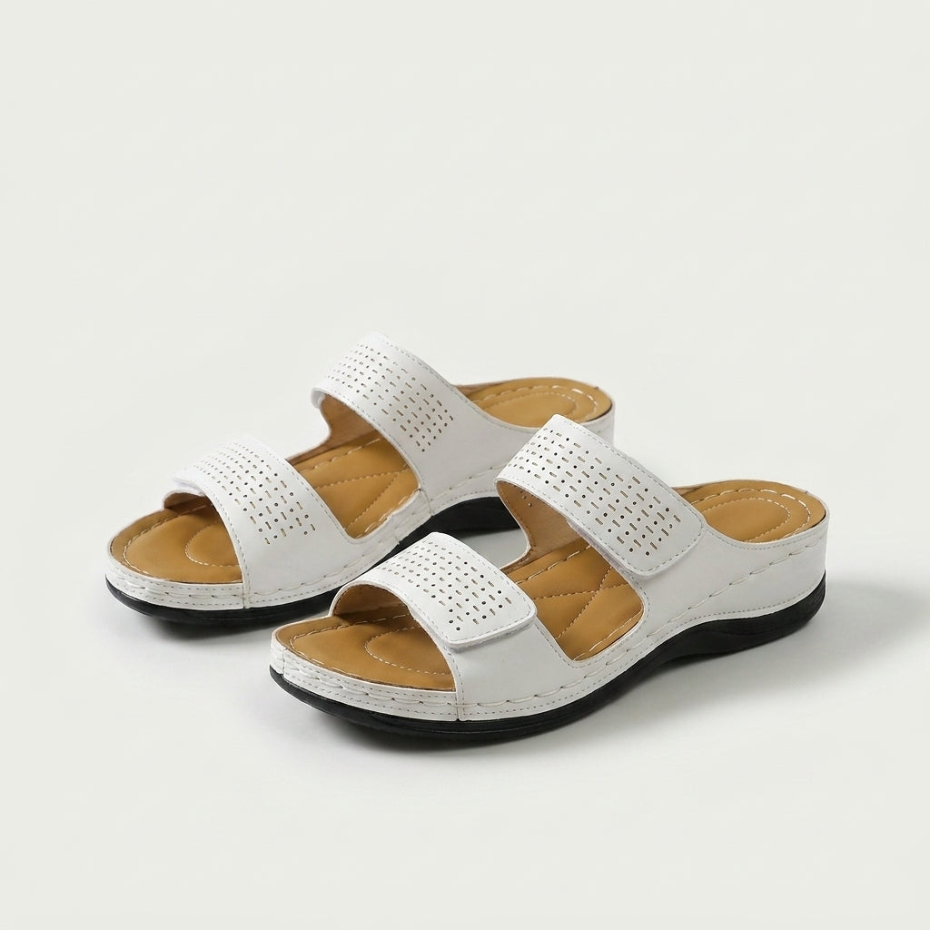 Gretchen – White Orthopaedic Two-Strap Wedge Slides