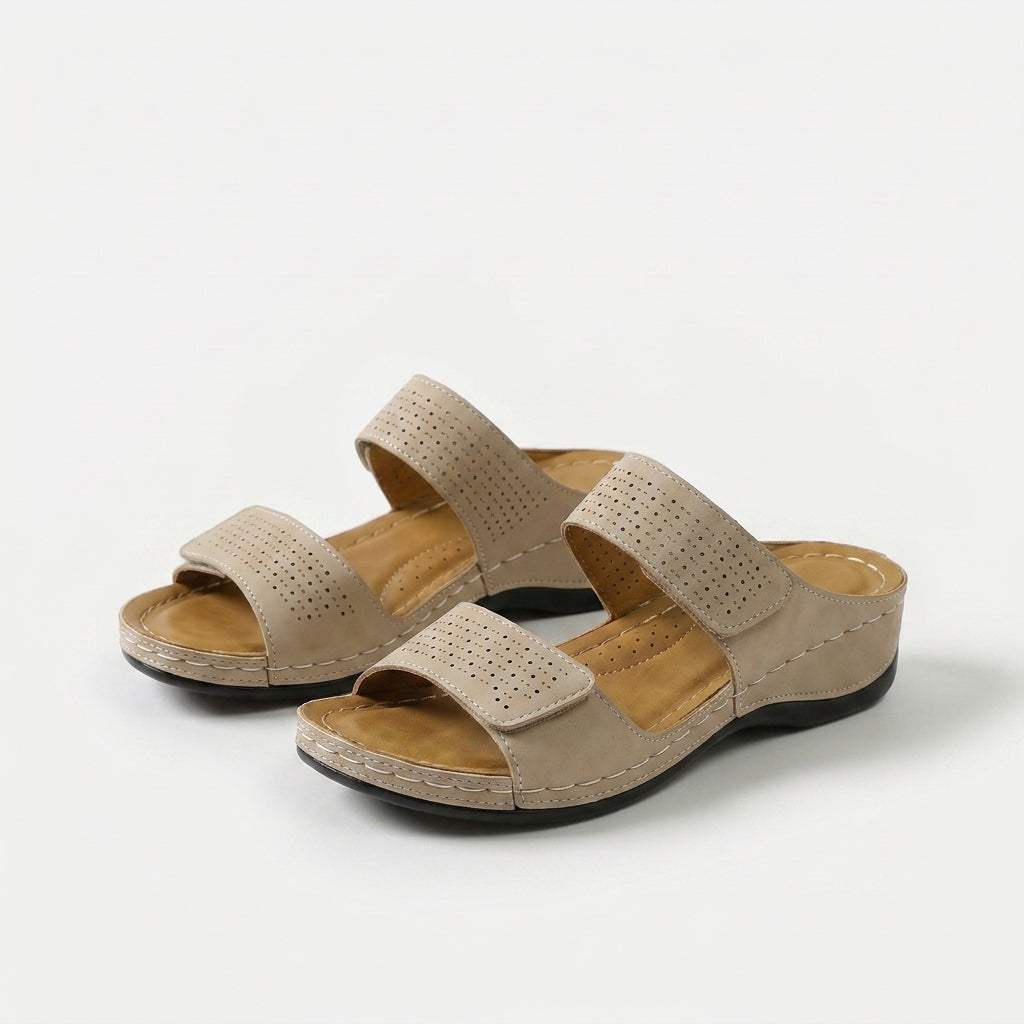 Gretchen – Taupe Orthopaedic Two-Strap Wedge Slides