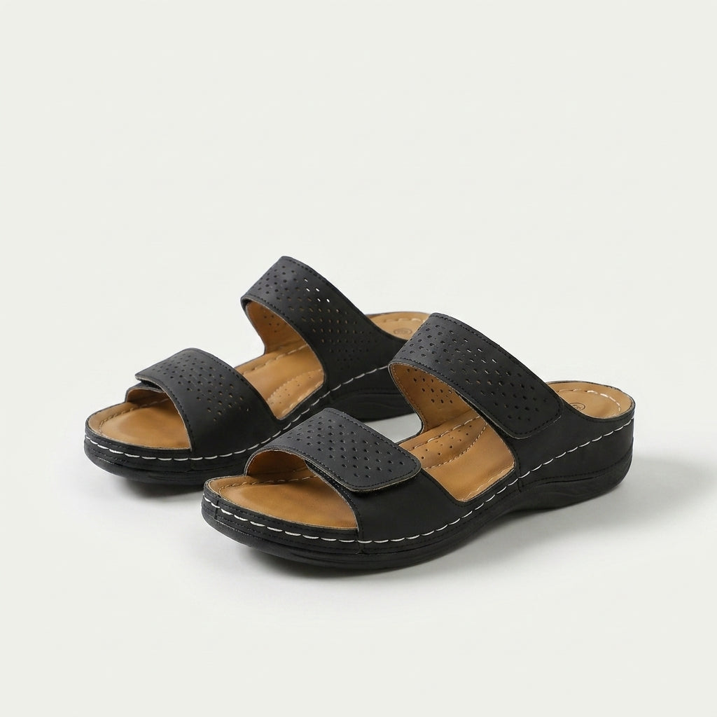 Gretchen – Black Orthopaedic Two-Strap Wedge Slides