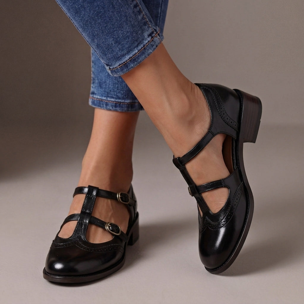 Queenie Leather T-Strap Brogue Mary Janes – Black