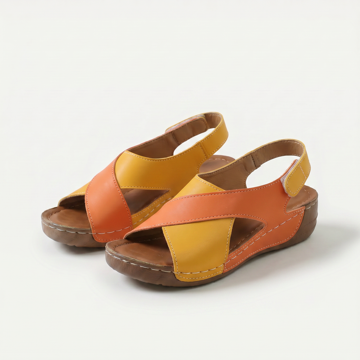 Sheila – Orange & Mustard Orthopaedic Crossover Wedge Sandals