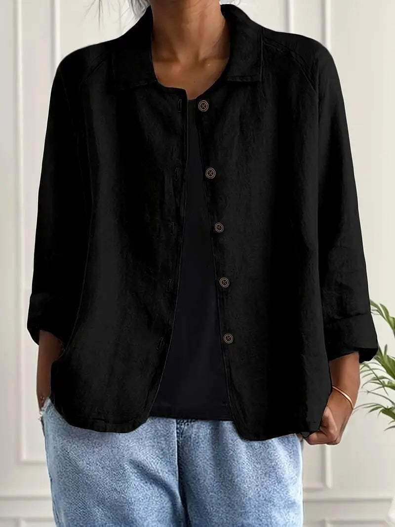 Arlene – Black Black Relaxed Textured Button-Front Blouse