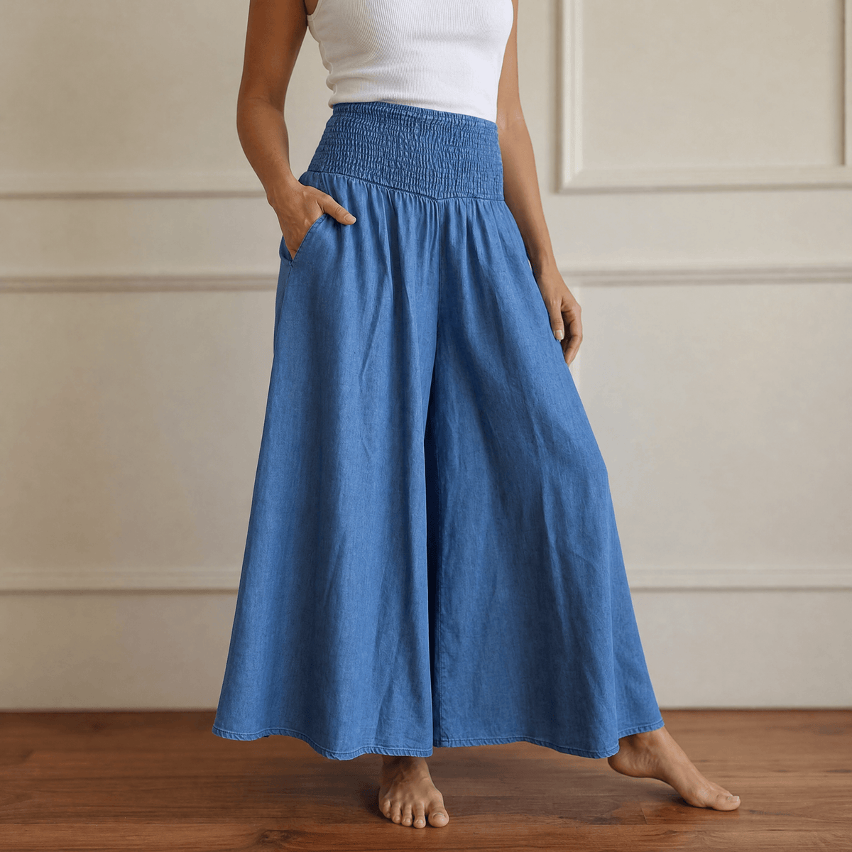Dagny smocked wide-leg trousers in Chambray Blue