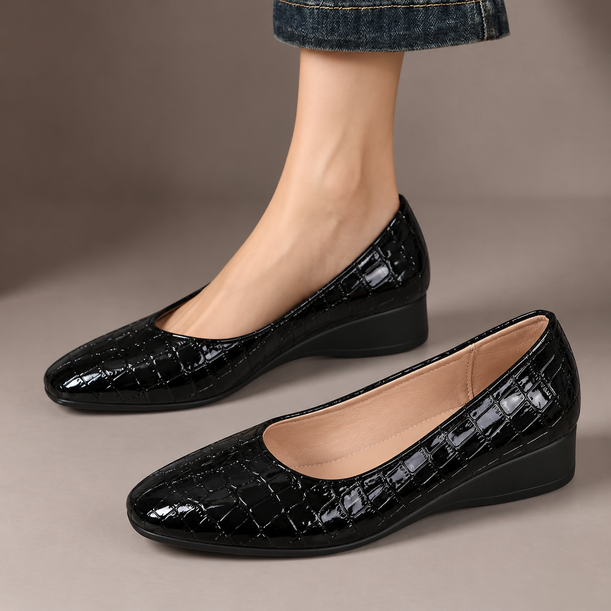 Coral Glossy Low-Wedge Pumps
