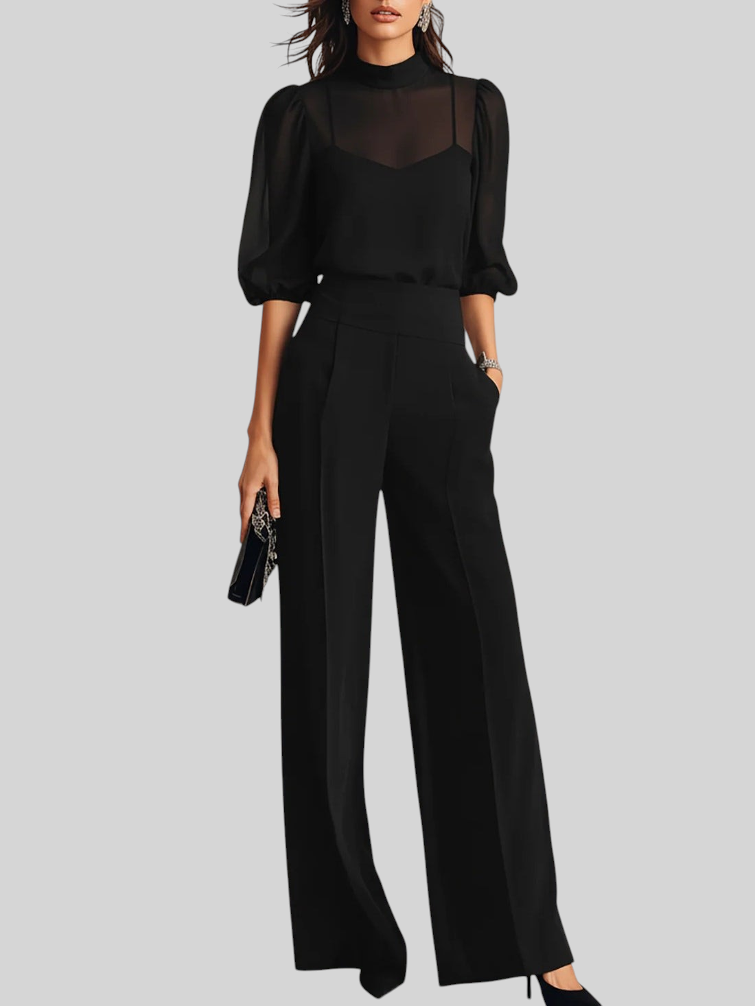 Wattle & Vale Melbourne zwarte driedelige set met transparante chiffon top en wijde pantalon voor een elegante look