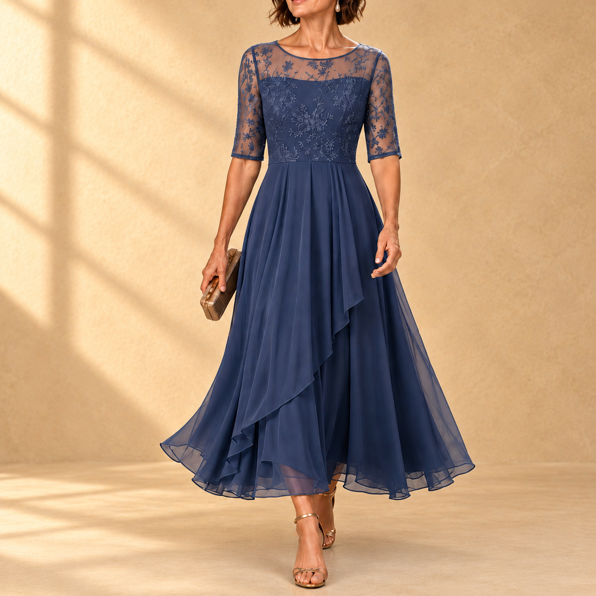 Germaine Lace and Chiffon Tea-Length Dress
