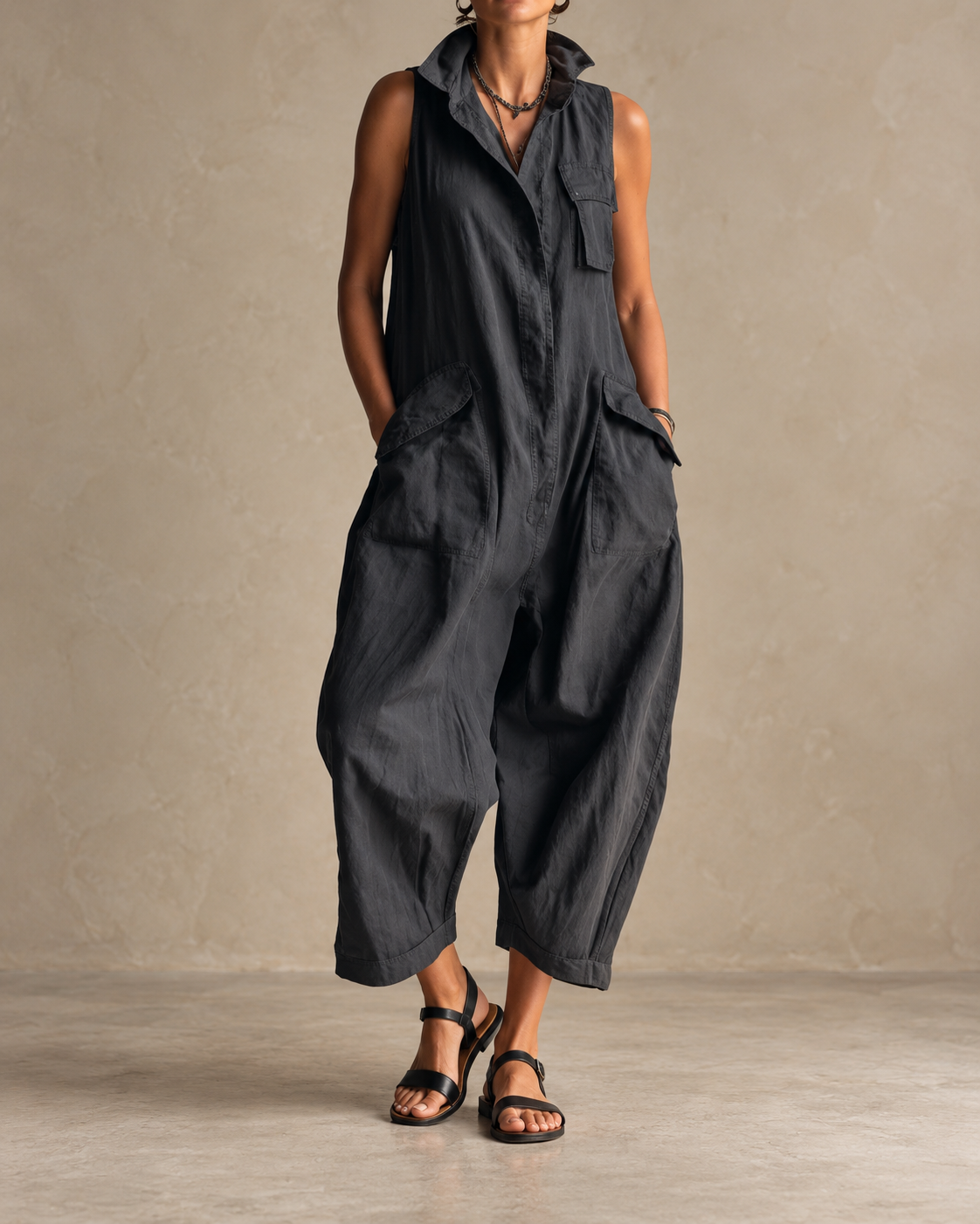 RYKER | Sleeveless Cargo Jumpsuit with Collar and Flap Pockets