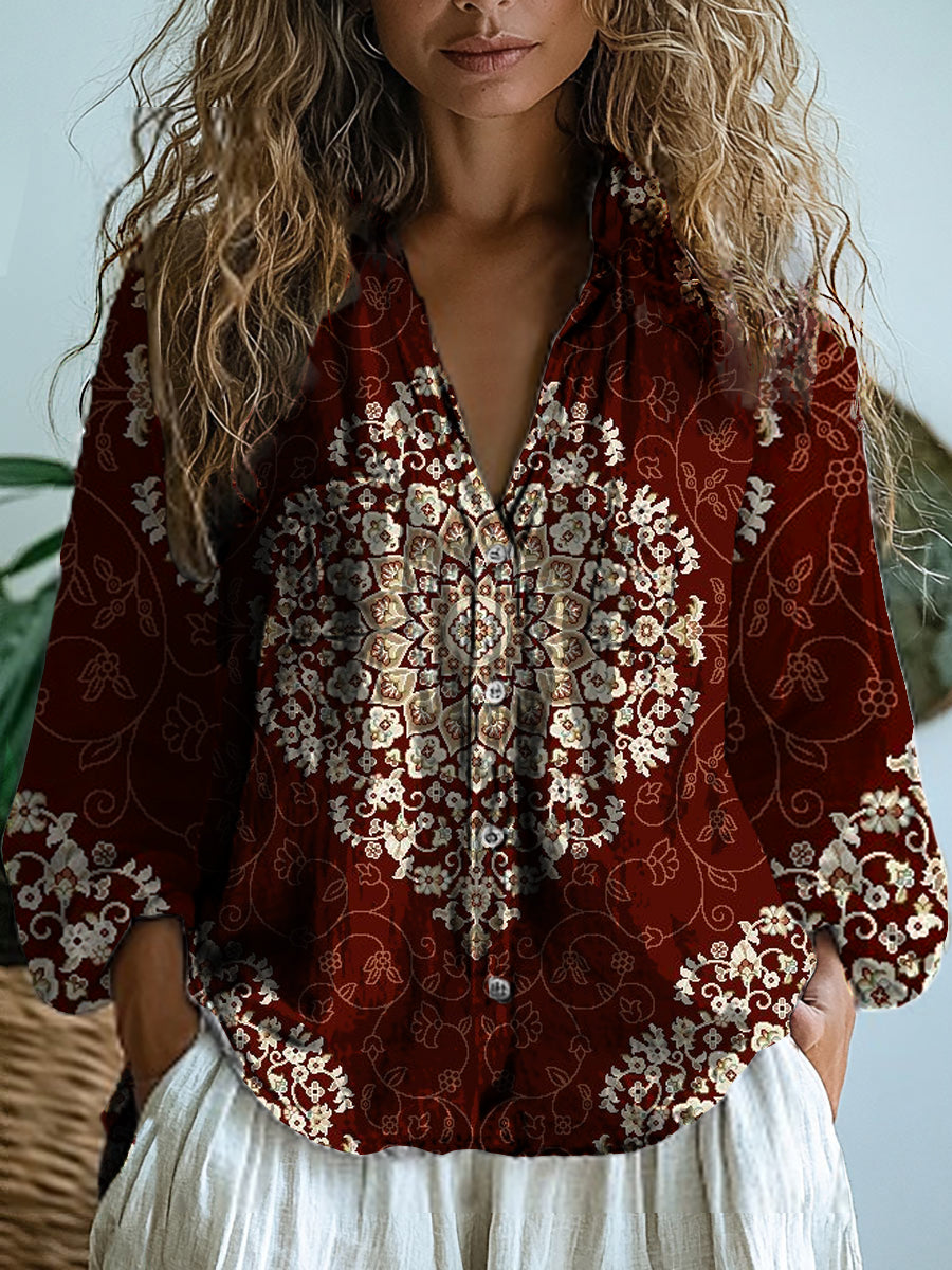 Ysolde – Burgundy Medallion Burgundy Medallion Print V-Neck Blouse