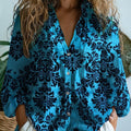 Annika | Women's Turquoise Damask Print V-Neck Blouse