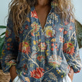 Noemie | Women's Denim Blue Floral Print V-Neck Blouse