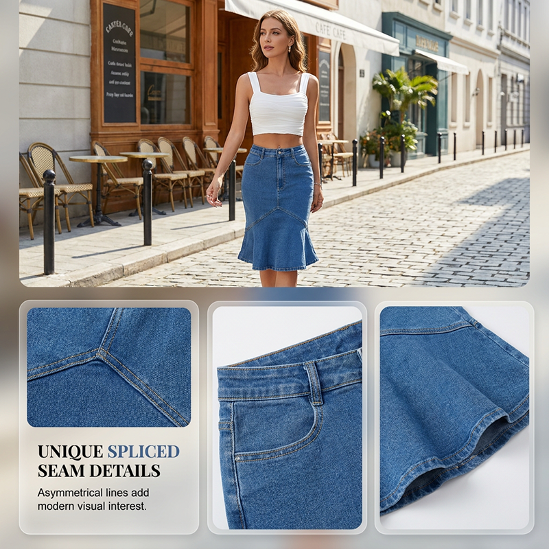 Ivessia™ | High-Waist Denim Midi Skirt with Mermaid Silhouette