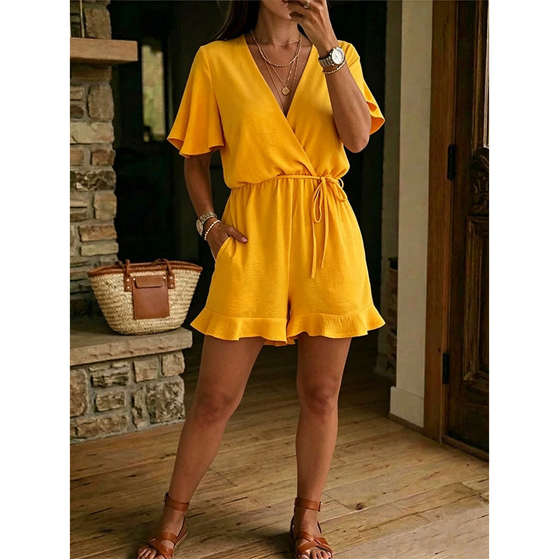 Carmela – Yellow Women's V-Neck Ruffle Hem Playsuit