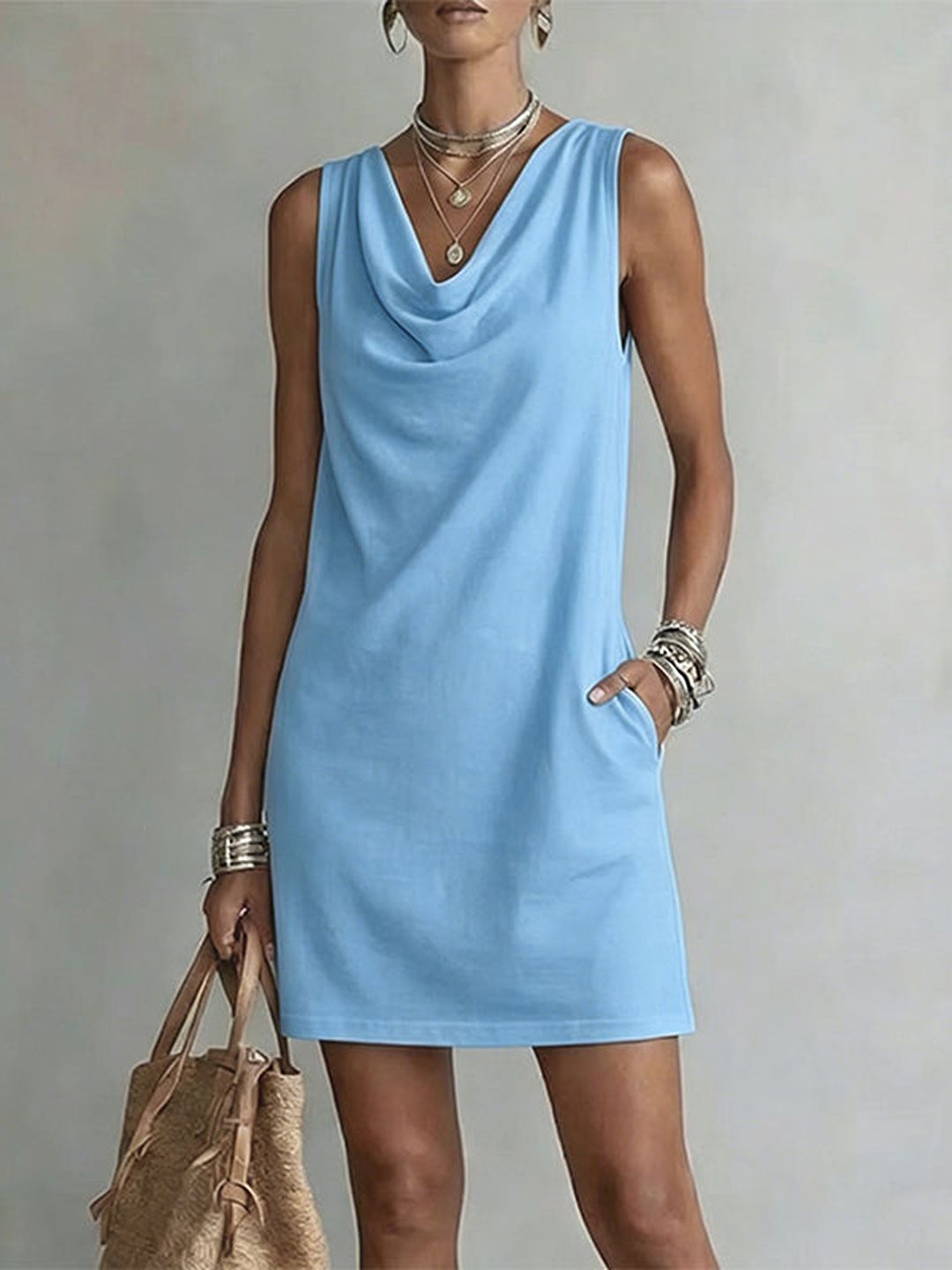 Mariella – Sky Blue Women's Sleeveless Cowl Neck Shift Dress