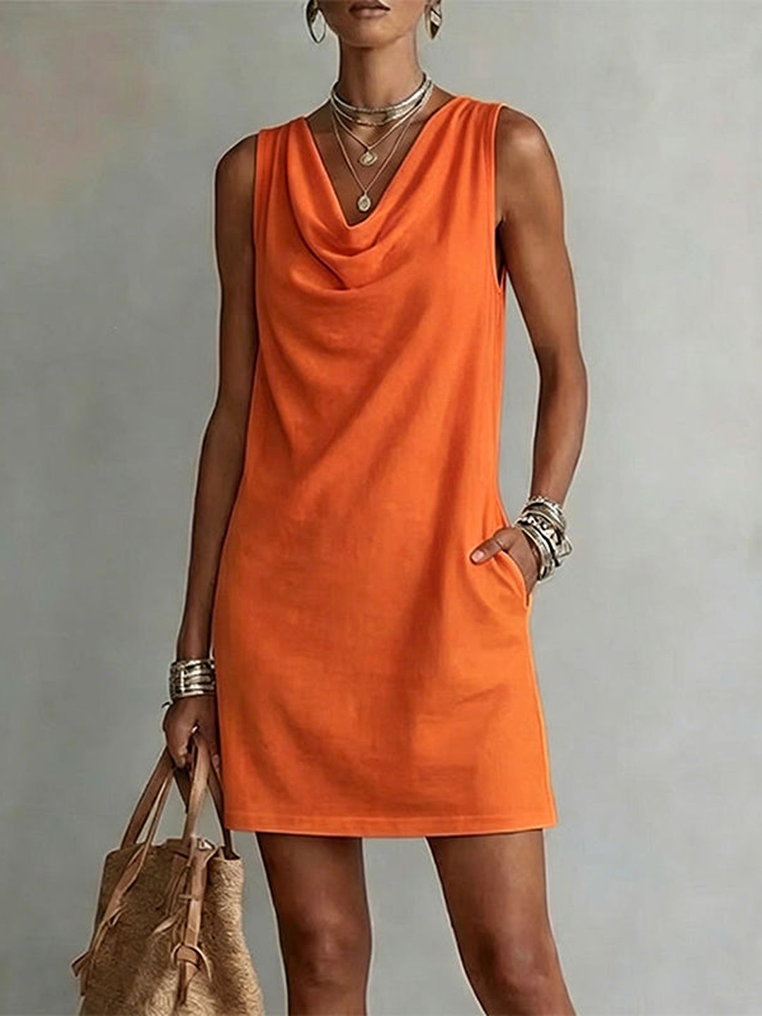 Mariella – Orange Women's Sleeveless Cowl Neck Shift Dress