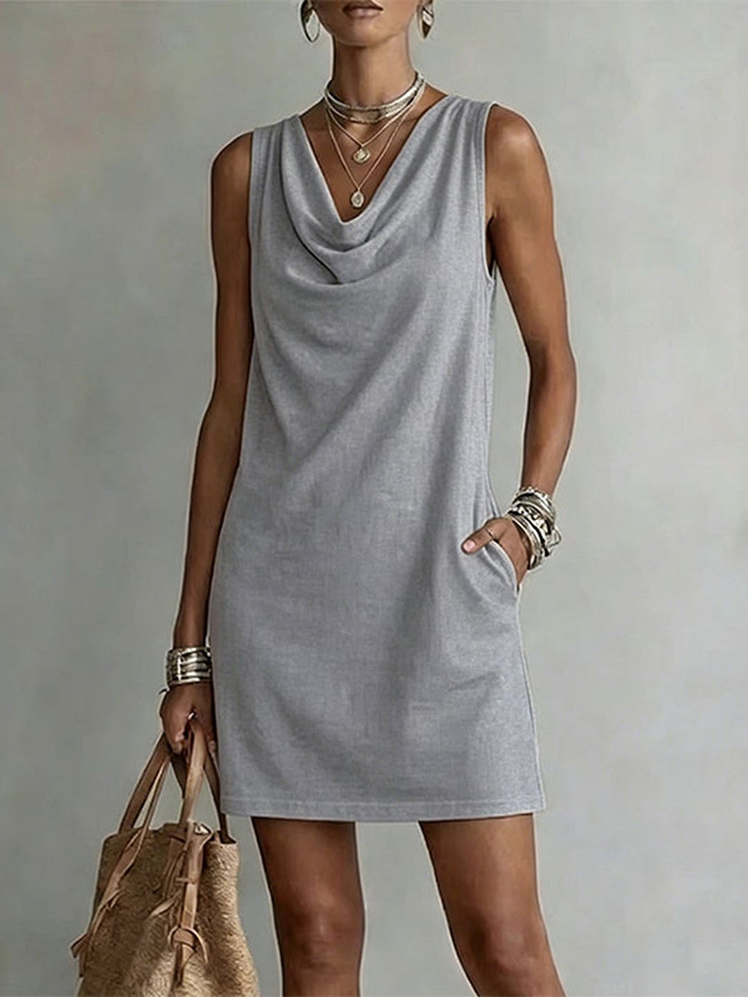 Mariella – Grey Women's Sleeveless Cowl Neck Shift Dress