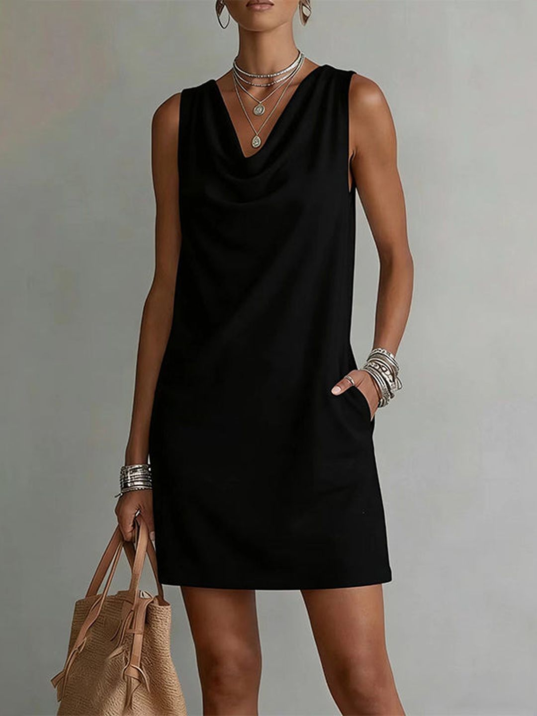 Mariella – Black Women's Sleeveless Cowl Neck Shift Dress