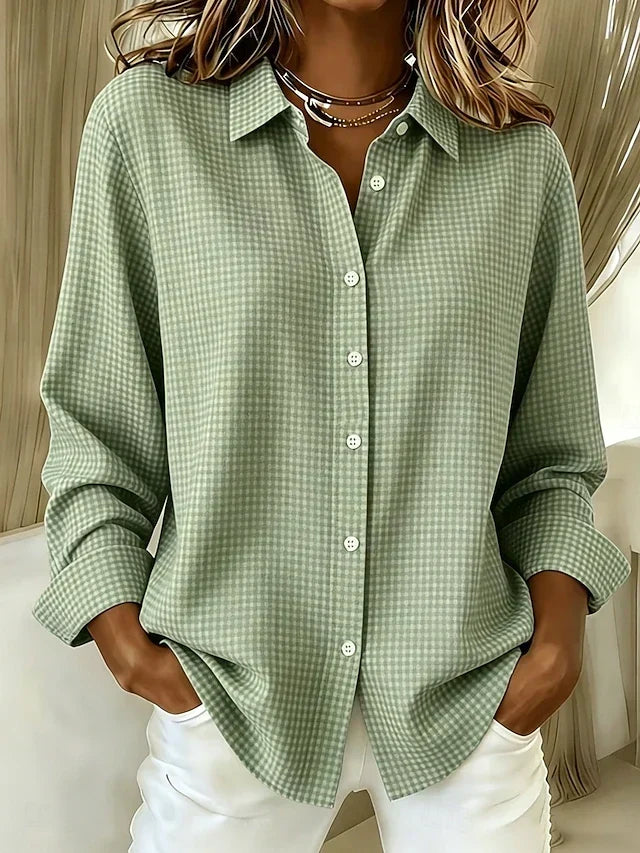 Hillary Womens Relaxed Gingham Button-Front Shirt in Sage Green