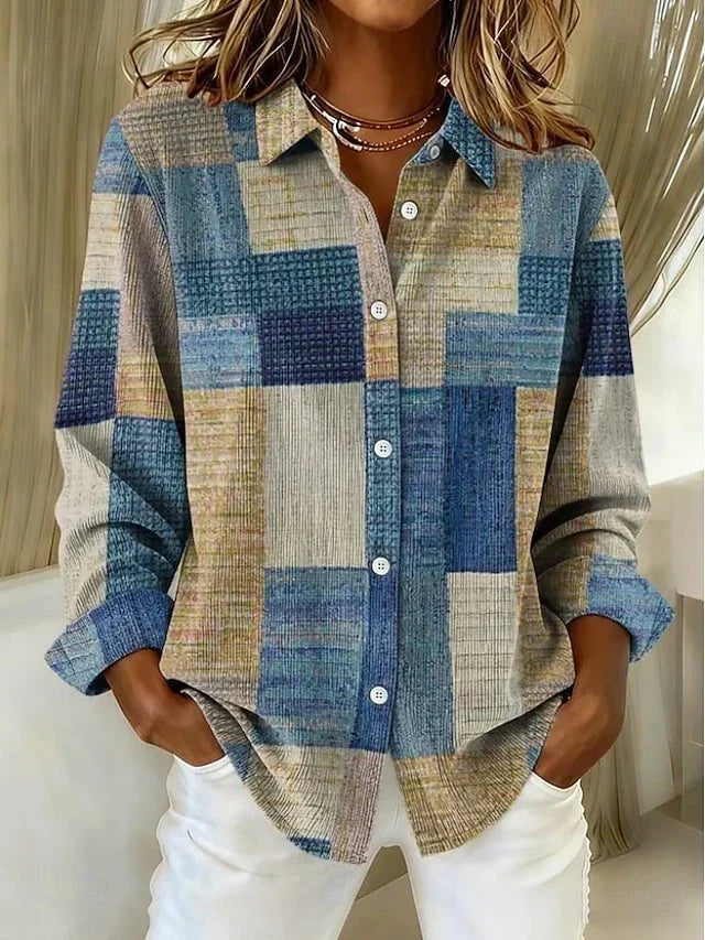 Merritt Womens Vintage Patchwork Button Shirt in Blue