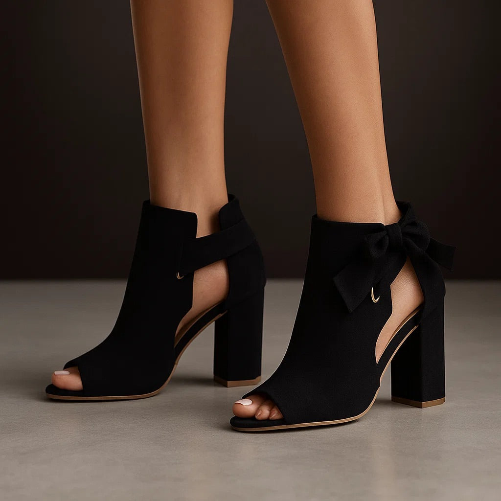 Katherine women's suede bow peep-toe block-heel booties
