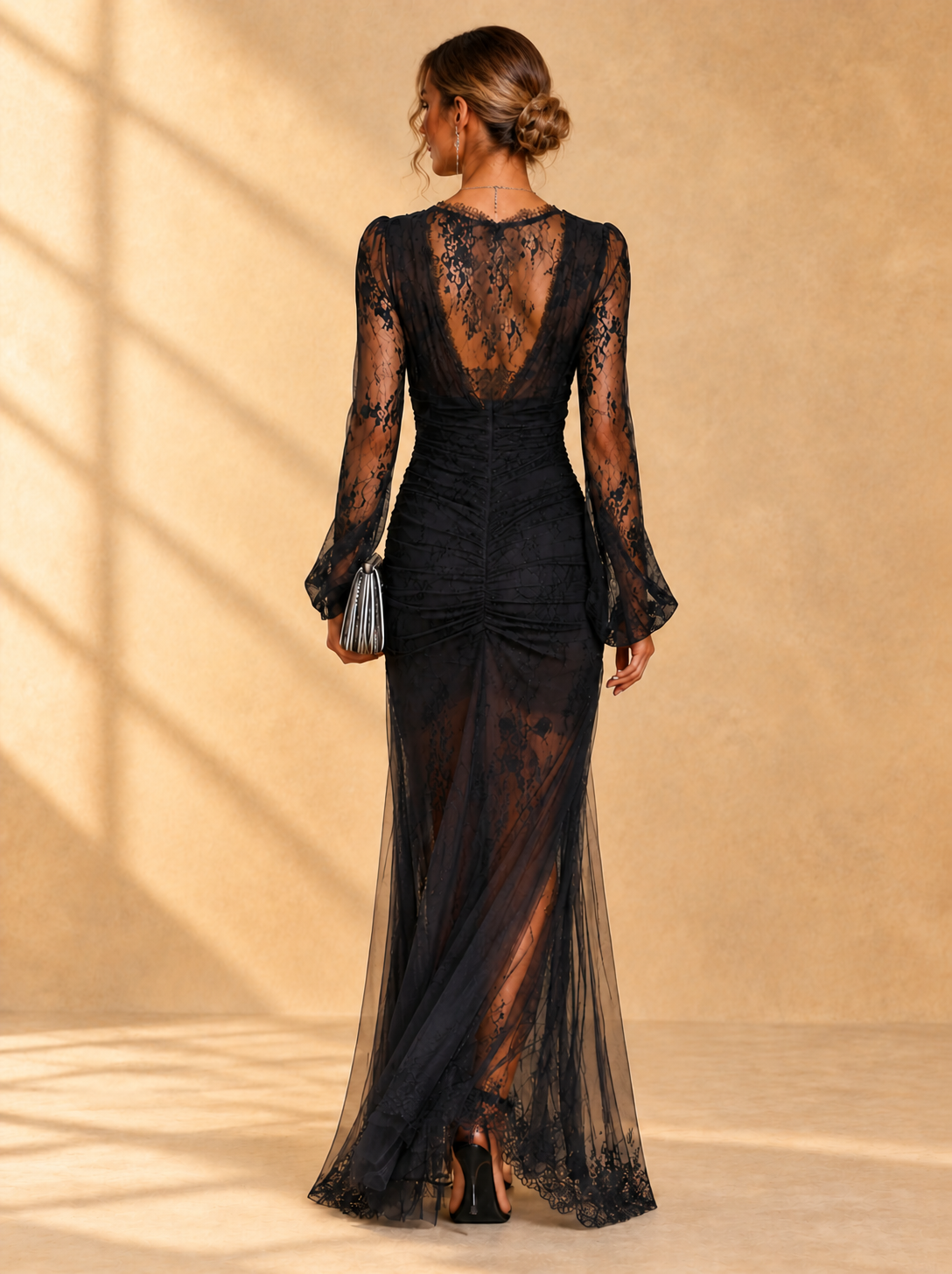 Amabel Lace-Sleeve Maxi Dress with High Slit