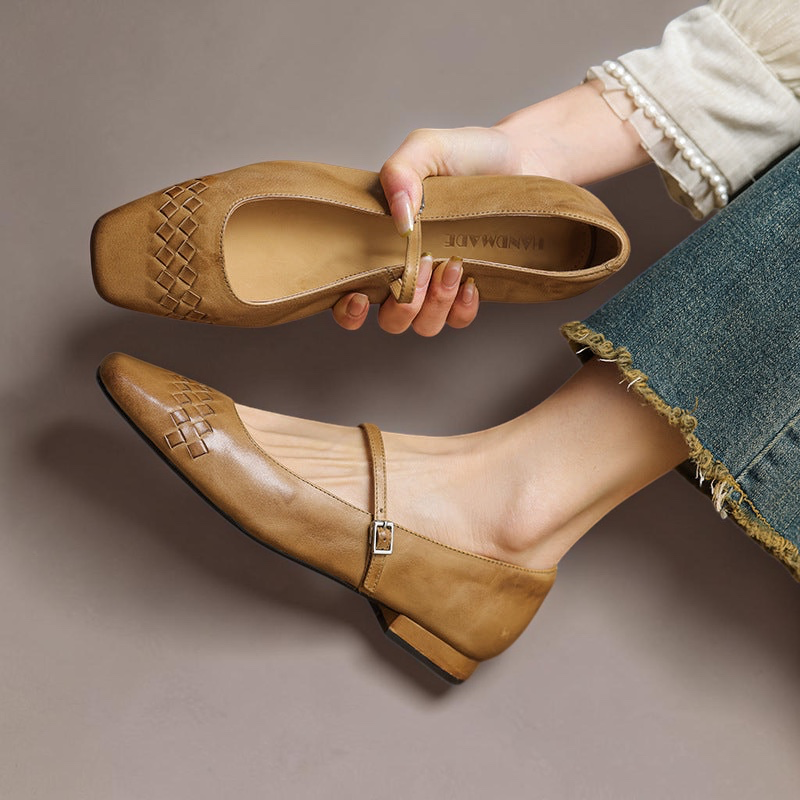 Cleo Woven Square-Toe Mary Jane Flats - Apricot