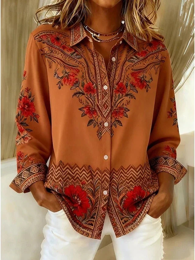 Muriel Womens Artistic Floral Long-Sleeve Shirt in Terracotta