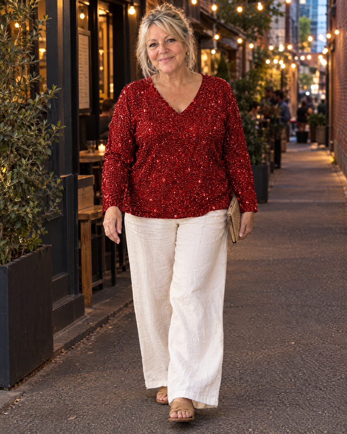 Woman walking a Melbourne laneway at dusk in the Merryn top with cream trousers