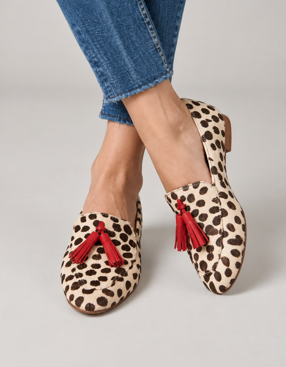 Aurora Moccasin — Cream Polka Dots, Red Tassels