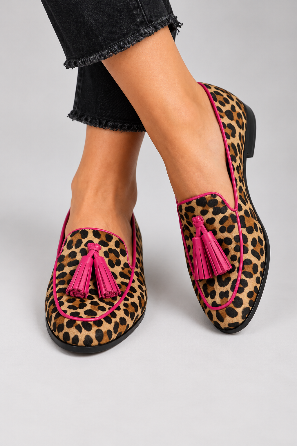 Fiamma Moccasin — Leopard Print with Fuchsia Trim and Tassels