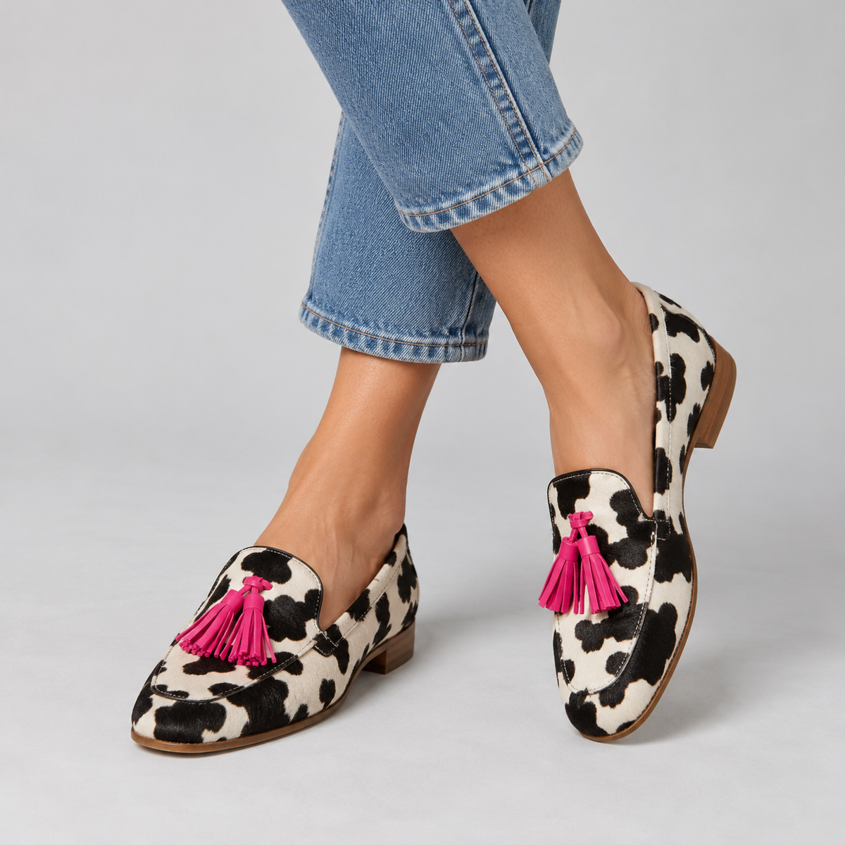 Ginevra Loafers — Black and White Cow Print, Pink Tassels