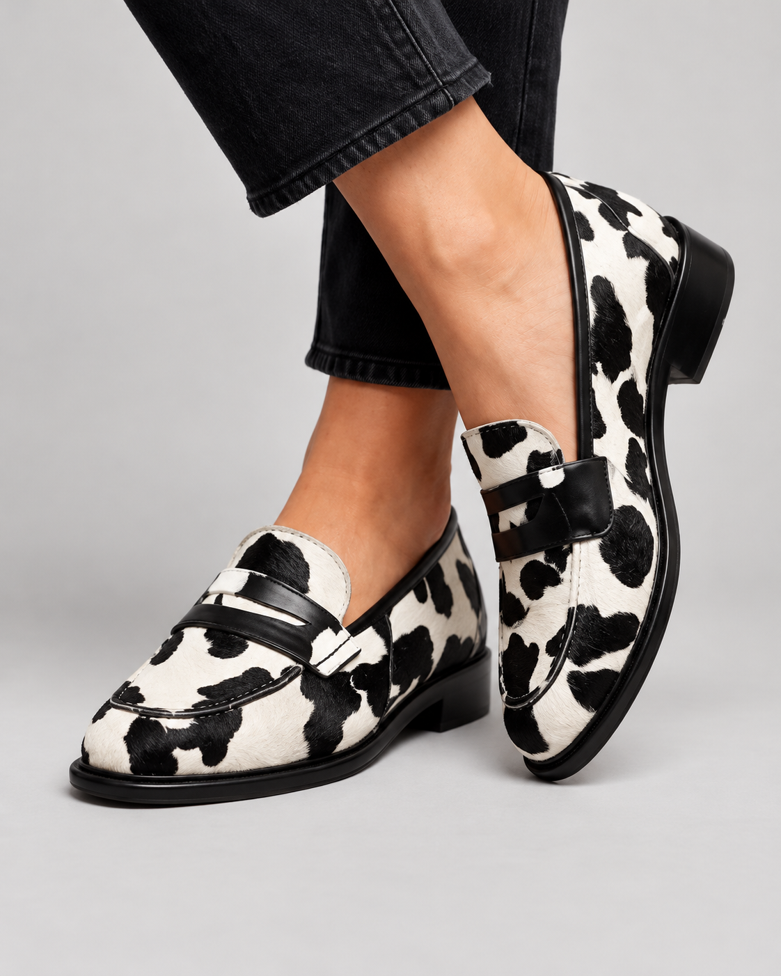 Nives Moccasin — Cow Print with Penny Loafer